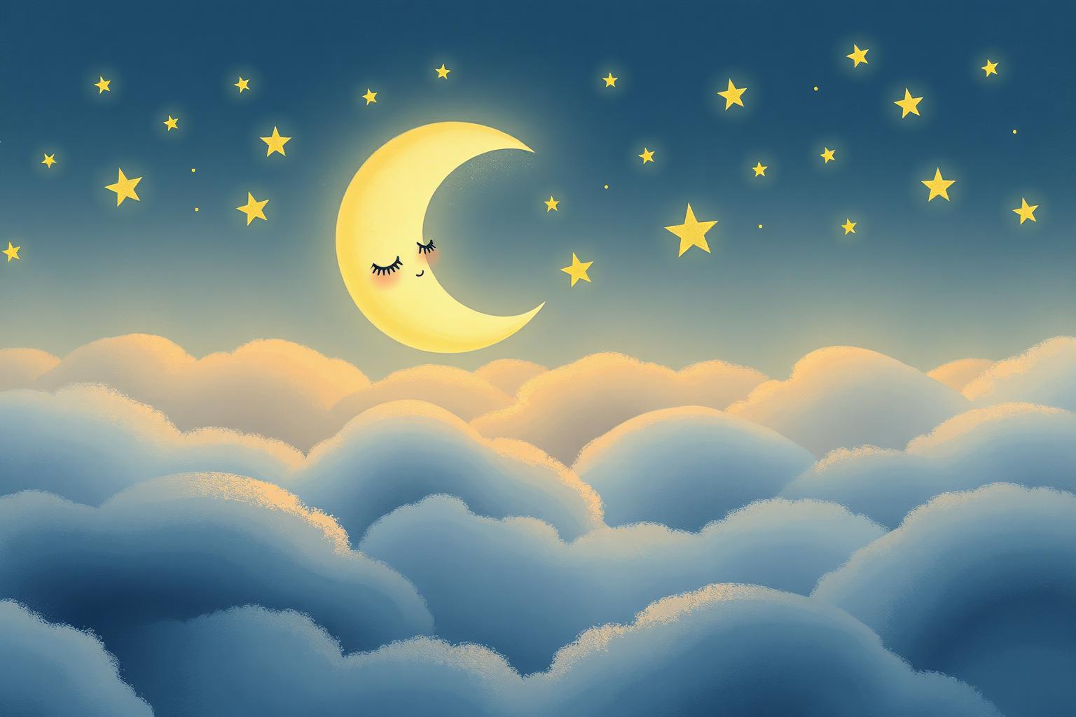 A sleepy crescent moon resting above soft clouds